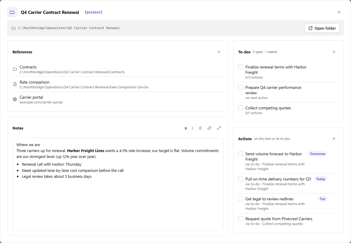 An item's detail view with References, Notes, To-dos (one flagged stalled) and Actions.