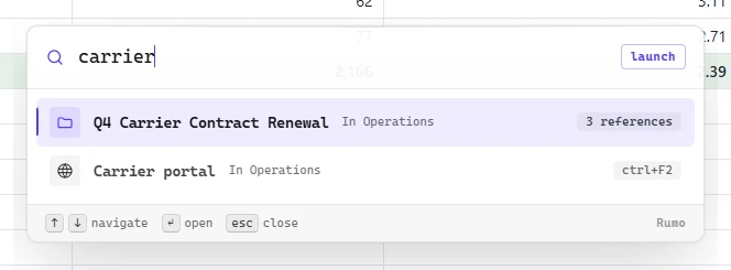 The F1 launcher searching for 'carrier', showing a project and a bookmarked carrier portal.
