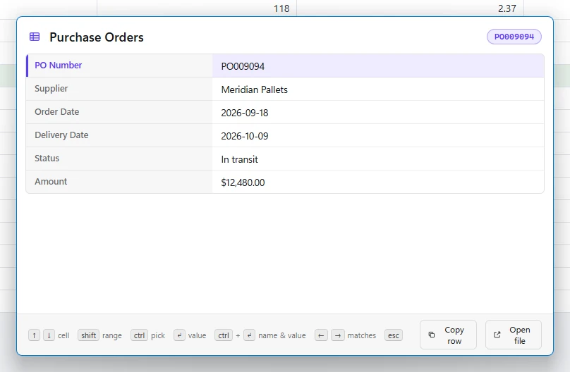 A lookup window showing the purchase order PO009094 with supplier, dates, status and amount.