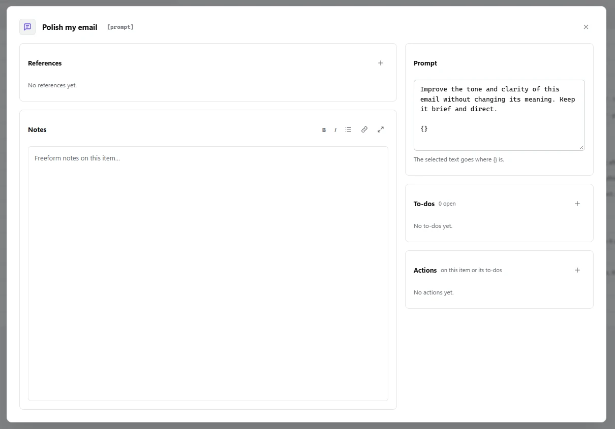A saved prompt, 'Polish my email', with a placeholder for the selected text.