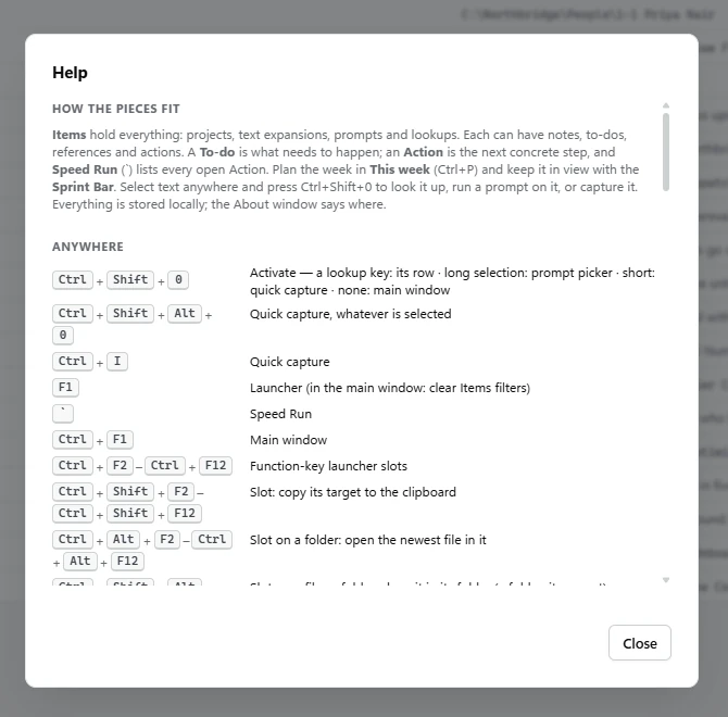 The Help dialog listing global shortcuts.