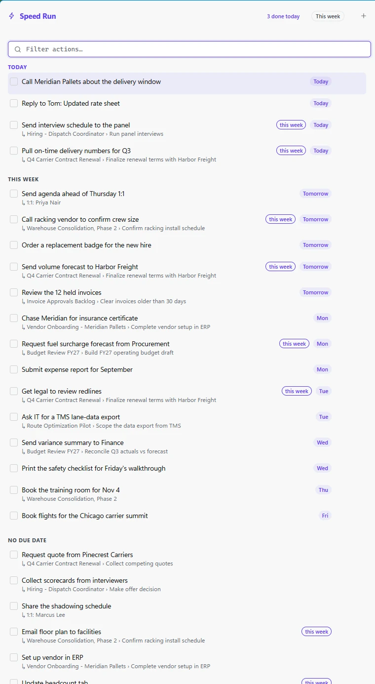 Speed Run listing every open action grouped Today, This week and No due date.